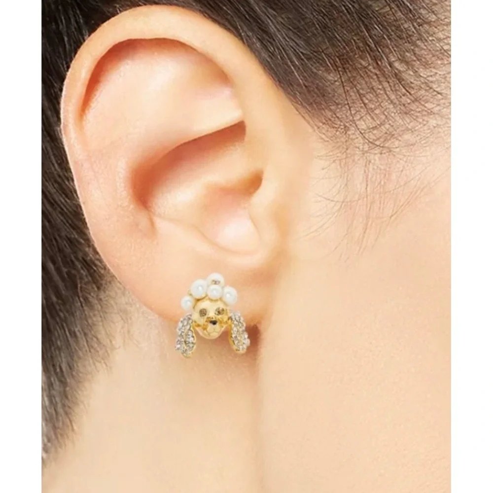 Kate Spade Poodles & Poms Earrings Womens OS Gold Cream Excellent Pearl Crystal